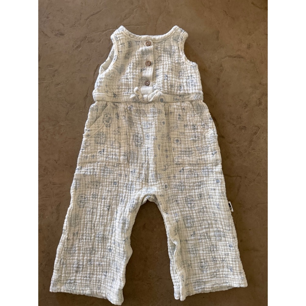 Rabbit Bear Organic Cotton Gauze Jumpsuit 18M Blue Floral Muslin Romper Cream